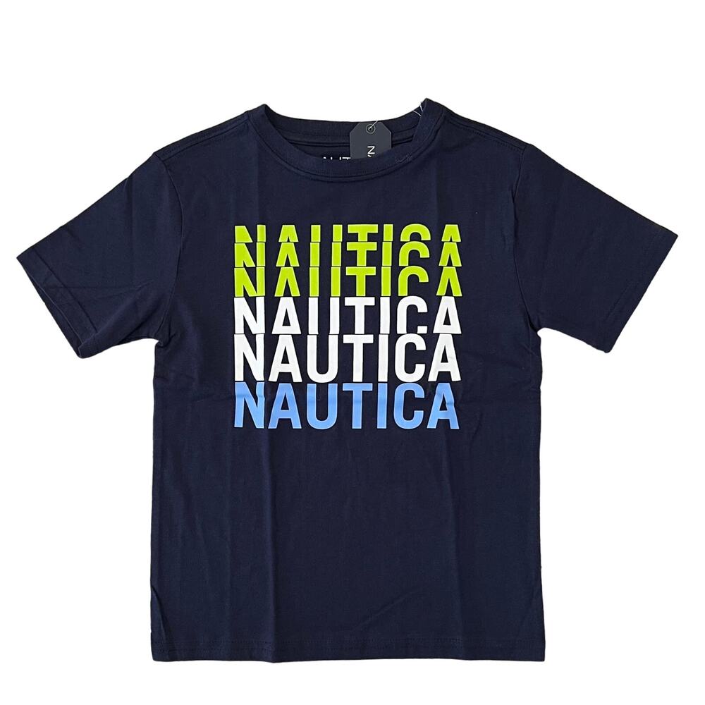 NWT Nautica Boy's Navy W/Multiple Logo Graphic T-Shirt - SIZE M(5)